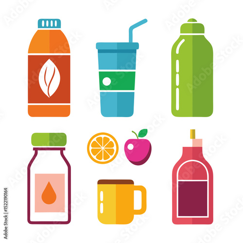 Flat Vector Illustration of Healthy Drinks and Fruits