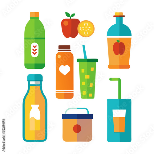 Colorful Flat Vector Illustration of Beverages and Fruits