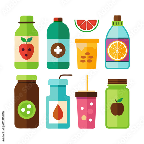 Flat design illustration of colorful fruit juice bottles