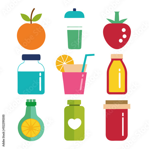Colorful assortment of flat design fruits and drink containers