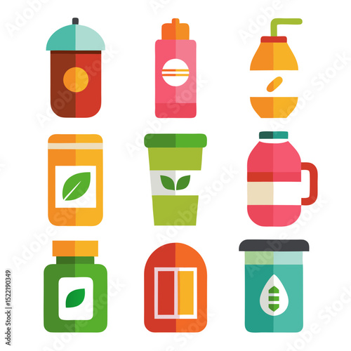 Assorted colorful organic product containers with leaf and drop symbols