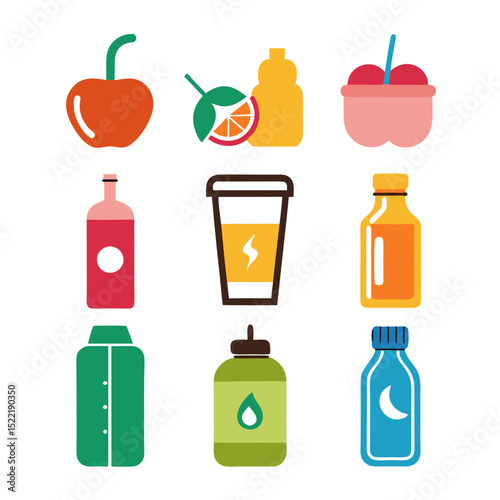 Flat design vector illustration of colorful assorted drink containers