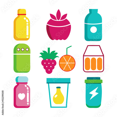 Vector illustration of various bottles and fruits on white