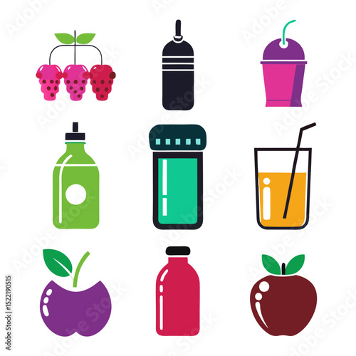 Collection of brightly colored fruit and drink icons
