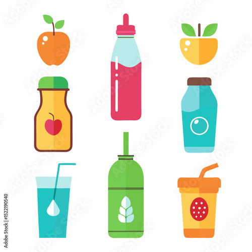 Colorful flat vector illustration of fruits and beverage assortment