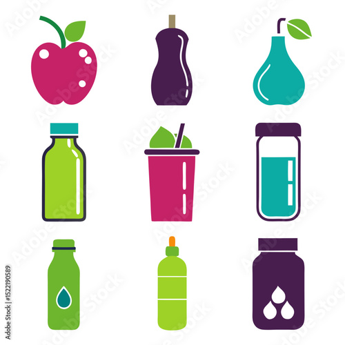 Bright flat design assortment of fruit and bottle icons