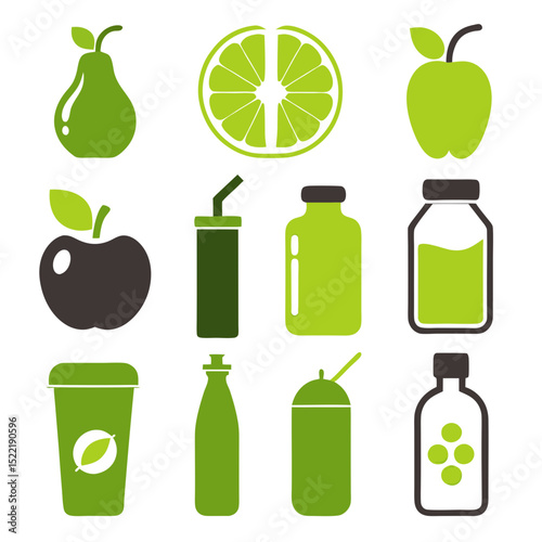Fresh green fruit and beverage icon set illustration