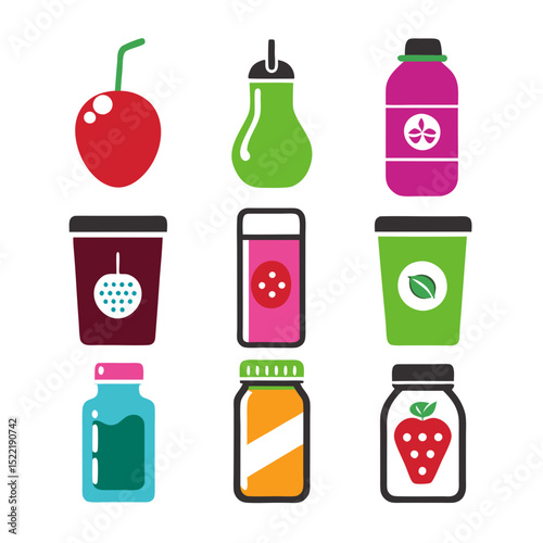 Colorful vector icons of beverages and fruity elements illustration