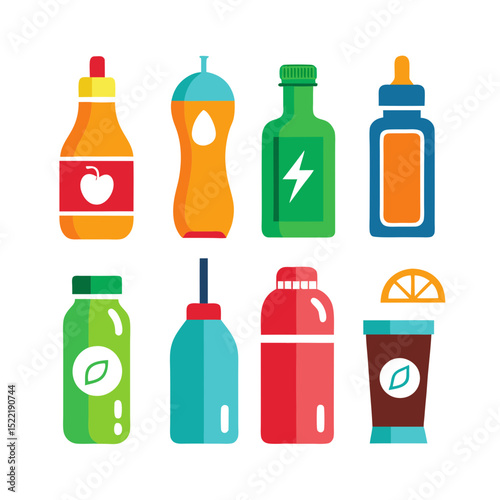 Colorful Icon Set of Drink Containers on White Background