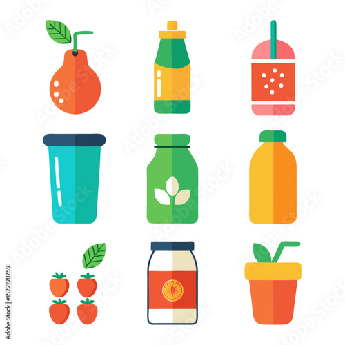 Flat vector design of fruit and juice icons