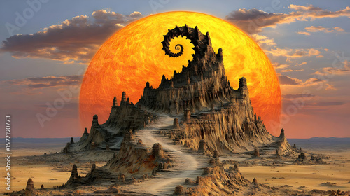 landscape with crystalline sand dunes under a giant fractal-shaped sun
