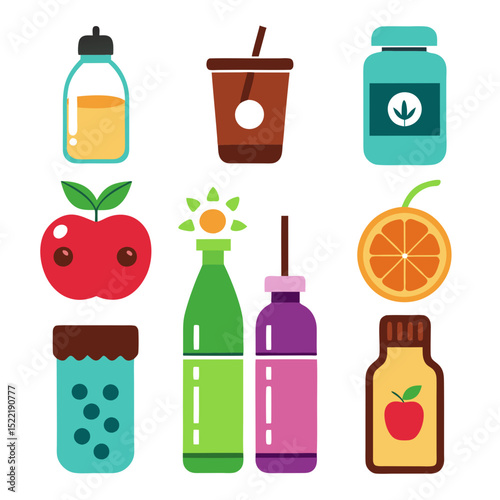 Collection of colorful drink containers and fruit flat icons