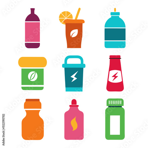 Collection of colorful drink containers in a simple style