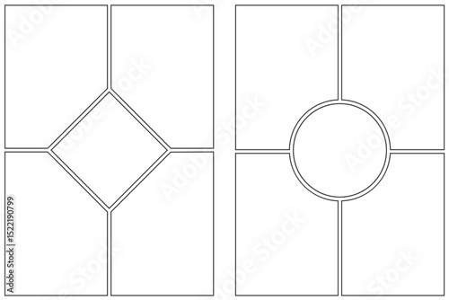 Comic book template. Manga frame on white background. Pop art page with grid. Blank with boxes for anime and dialog. Vector storyboard for magazine collage and posters with grid.
