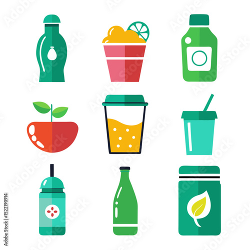 Assortment of colorful drinks and beverages in flat design