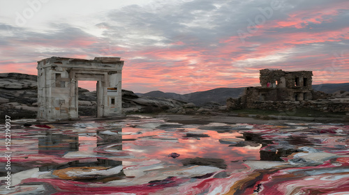 desert made of liquid mirrors reflecting multicolored skies and ancient ruins