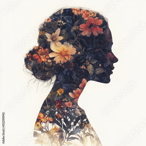 Floral Portrait Serenity A Harmonious Blend of Feminine Silhouette and Botanical Beauty
