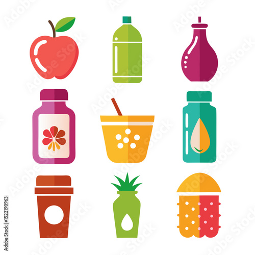 Colorful vector illustration of various beverage and fruit items