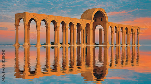 desert made of liquid mirrors reflecting multicolored skies and ancient ruins