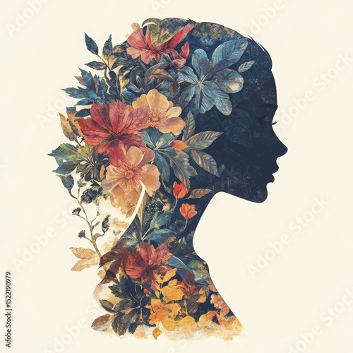 Floral Silhouette Portrait of a Woman with Intricate Botanical Details and Warm Hues