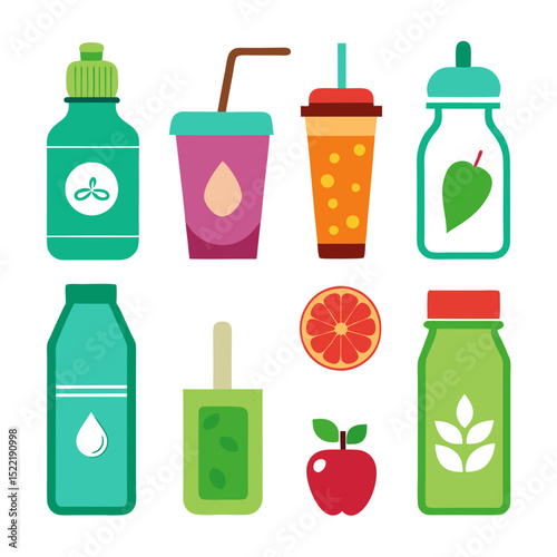 Flat design illustration of fruit and beverage icons