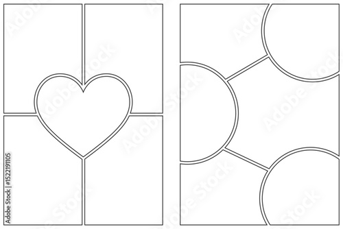 Comic book template. Manga frame on white background. Pop art page with grid. Blank with circle and heart-shape boxes for anime and dialog. Vector storyboard for magazine collage and posters