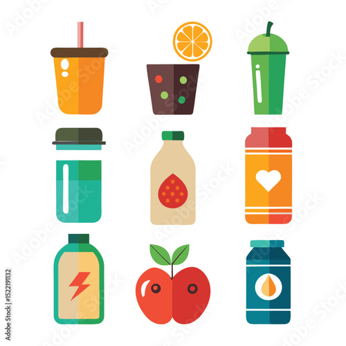 Vibrant collection of flat design healthy drink illustrations