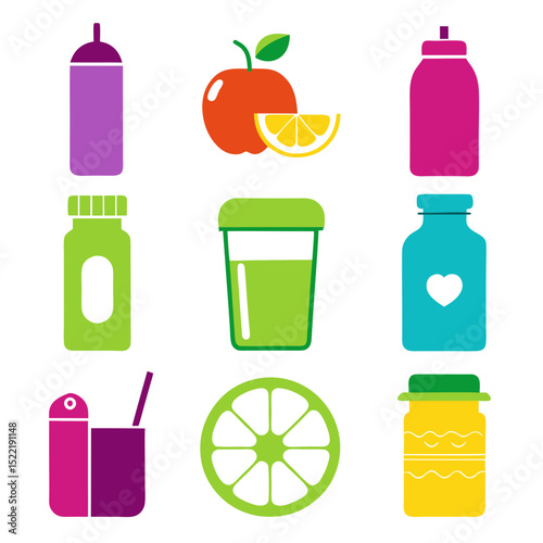 Colorful icon set of different juice containers and fruits