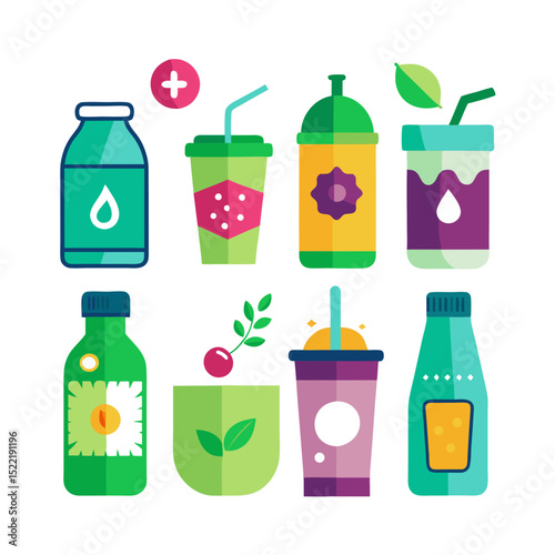 Bright vector illustration of refreshing summer drinks and bottles