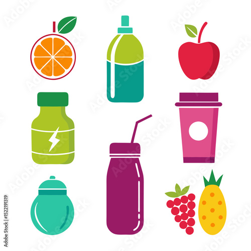 Fresh fruit and juice vector icons in flat style