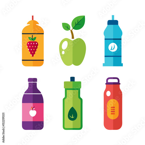 Assortment of colorful fruit infused water bottles and apple