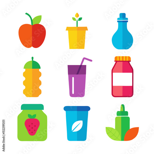 Colorful assorted healthy icons arranged neatly on white background