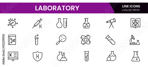 Precise vector web line icons depicting laboratory equipment, scientific research, experiments, analysis, and innovative discoveries in science.
