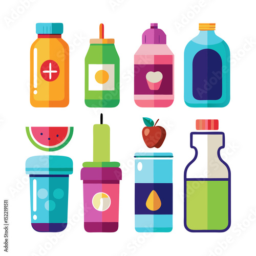 Stylized icon set of colorful drink containers and fruit