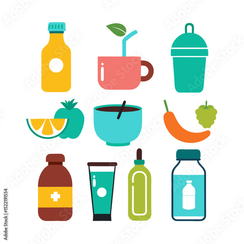 Various bottles and beverages arranged on white background