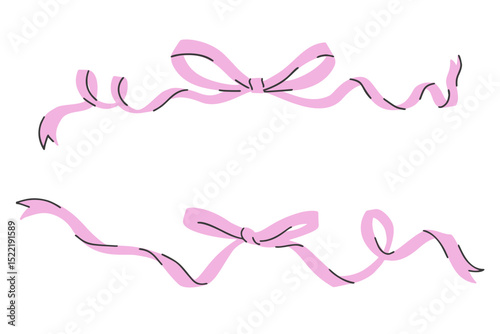 Pink bows with ribbons and knots on a white background. Vector illustrations of cute, flat, vintage doodle style, perfect for gifts, holidays, Valentine, and decorative designs.