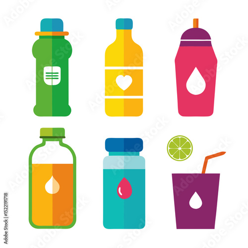 Colorful flat illustration of various types of beverage containers