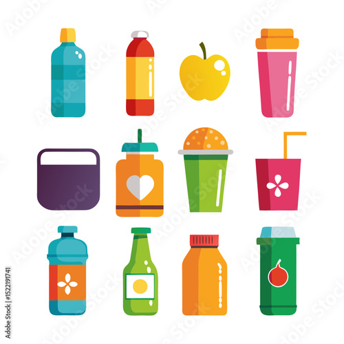 Flat design assortment of drinks and a yellow apple