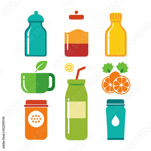 Vibrant assortment of beverage and fruit icons on white