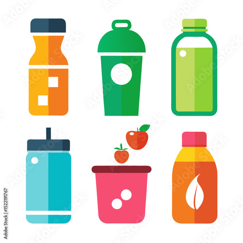 Collection of various colorful drink containers and food items