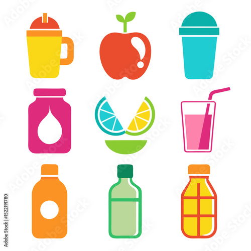 Colorful fruit and beverage icons on a clean white background