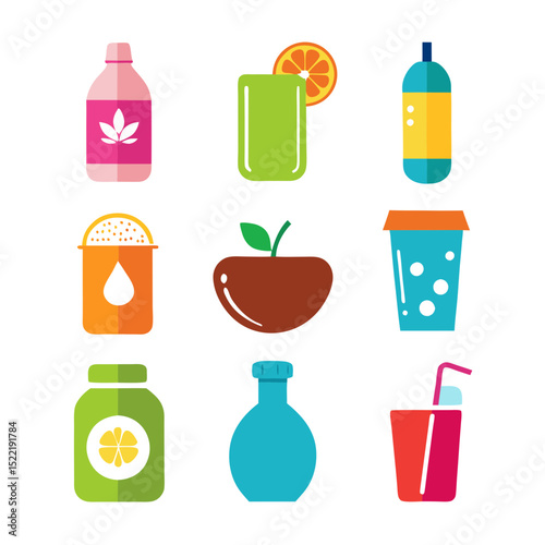 Collection of flat design juice icons against white background