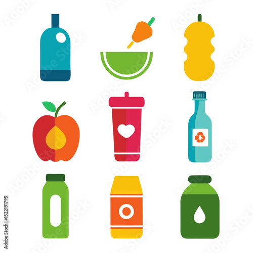 Fresh produce and drink vector icons on white background