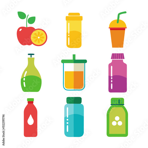 Collection of colorful drink containers and fruits illustration