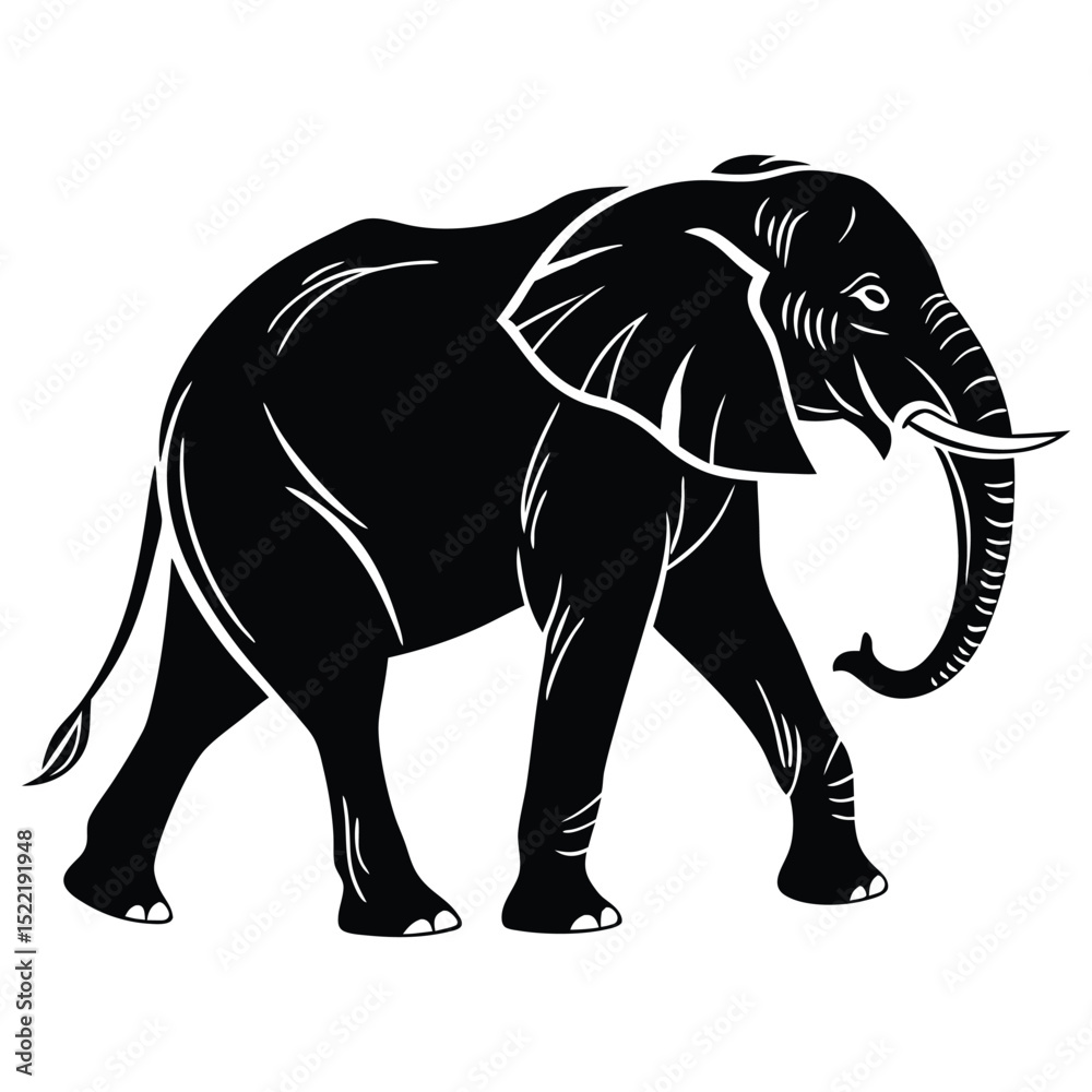 Fototapeta premium Isolated illustration of a large gray elephant walking with its trunk and tusks, suitable for wildlife and safari themes