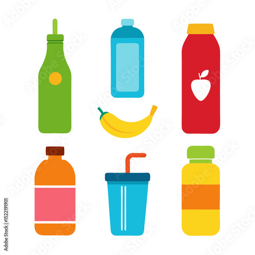Assortment of cartoon fruit smoothies juices water bottles flat design