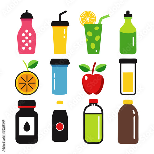 Colorful assortment of drink containers and fruits illustration