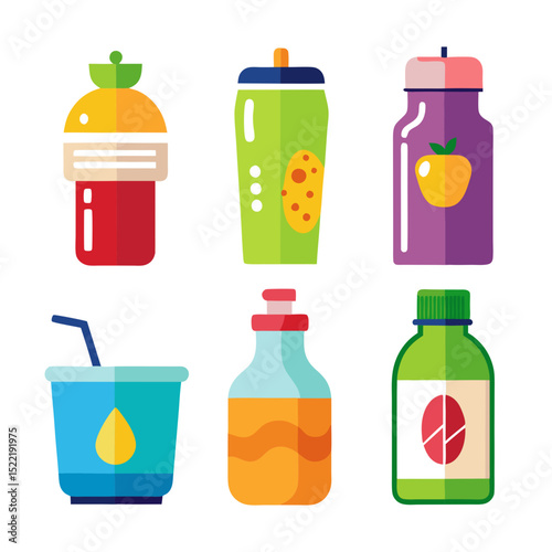 Colorful flat design illustration of assorted beverage containers
