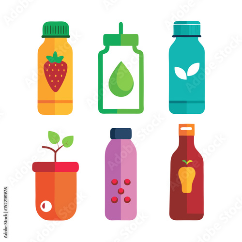 Collection of bright cartoon vector images of nutrition products