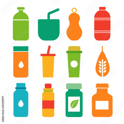 Colorful flat illustration of diverse beverage containers and bottles